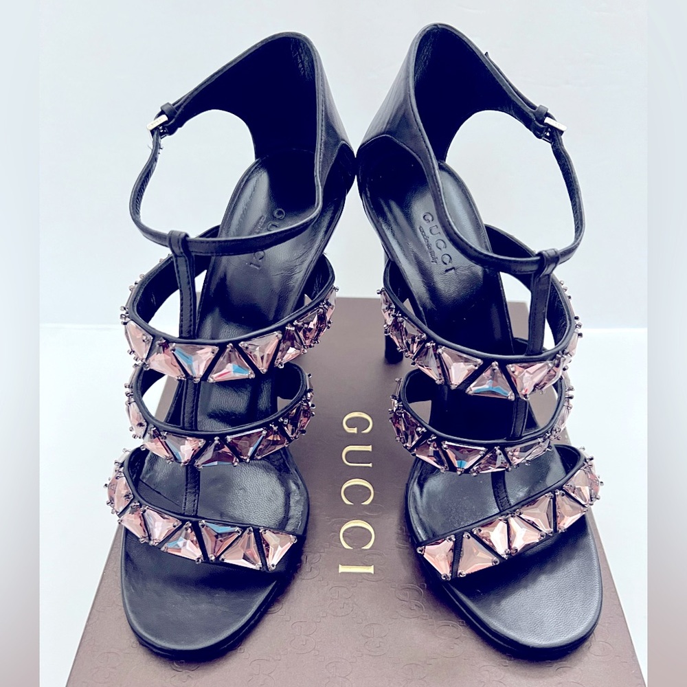 Gucci Black Leather/Light Pink Jeweled Crystal Strap Buckle Sandals 364930